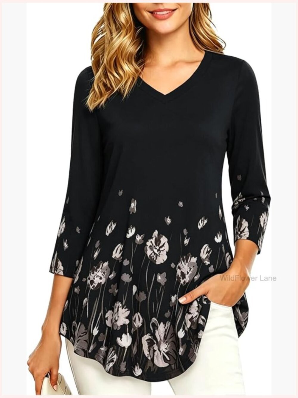 V Neck 3/4 Sleeve Tunic Top for Leggings Flowy Casual Blouse
